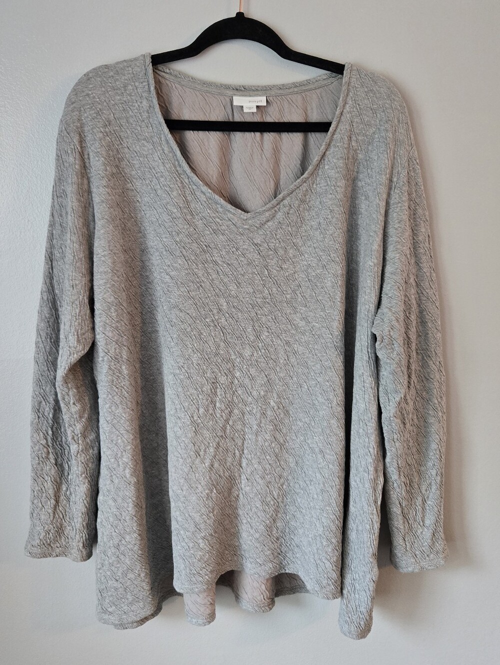 Pure Jill Oversized Grey 100% Cotton Textured Top Long Sleeve Crinkle V Neck XL